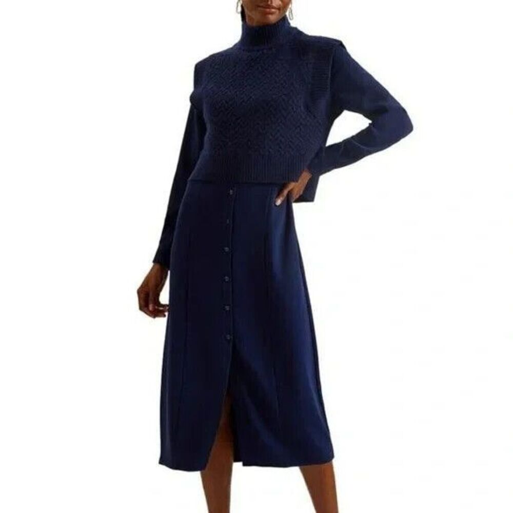 Ted Baker Modest Navy Blue Elsiiey Shirt Dress W/Sleeveless Knit Layer Sz 1 US 4